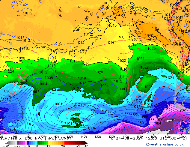 SLP/Temp. 850 hPa ECMWF mar 24.09.2024 12 UTC