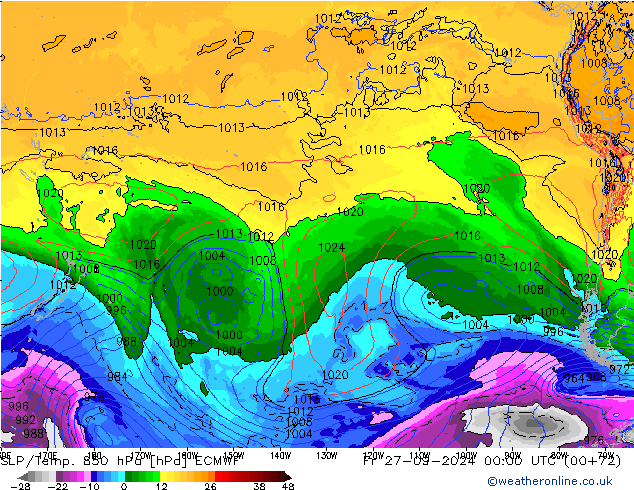 SLP/Temp. 850 гПа ECMWF пт 27.09.2024 00 UTC