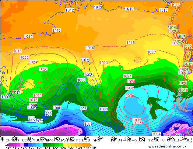 Thck 850-1000 hPa ECMWF  01.10.2024 12 UTC