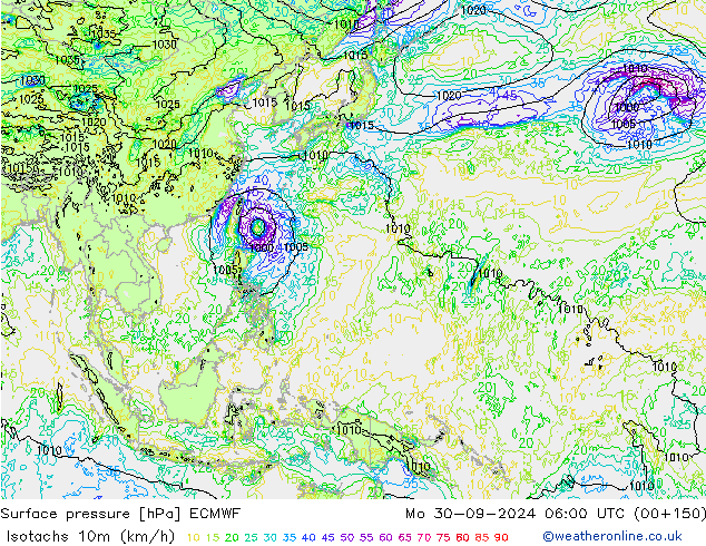 Isotachs (kph) ECMWF Mo 30.09.2024 06 UTC