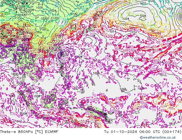 Theta-e 850hPa ECMWF Út 01.10.2024 06 UTC