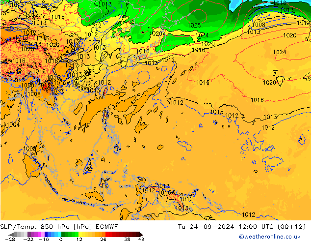 SLP/Temp. 850 hPa ECMWF wto. 24.09.2024 12 UTC