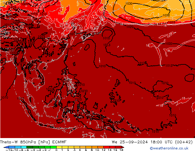 Theta-W 850hPa ECMWF śro. 25.09.2024 18 UTC