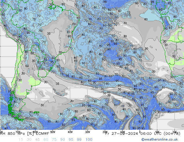 RH 850 hPa ECMWF Pá 27.09.2024 06 UTC