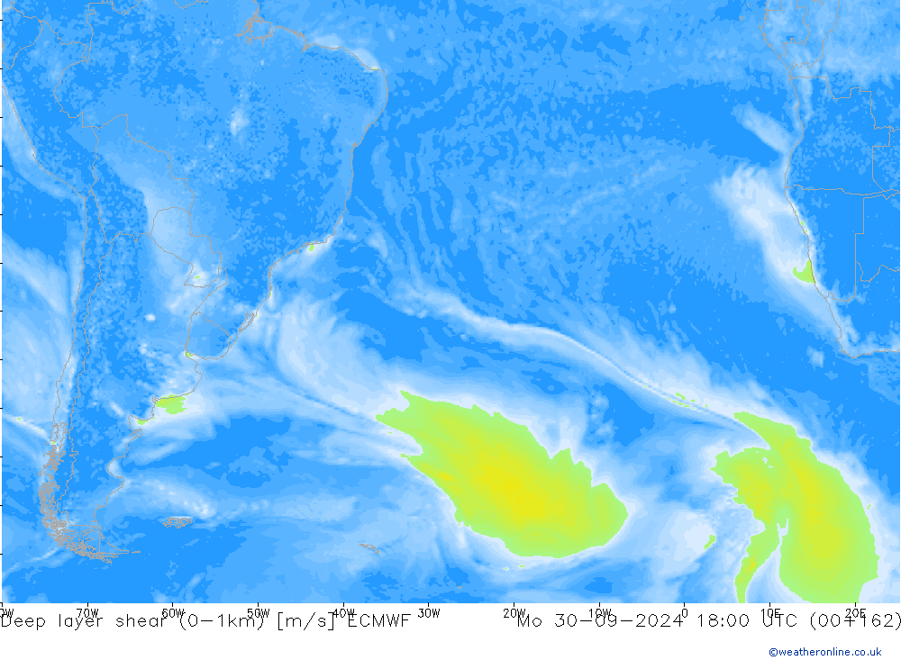 Deep layer shear (0-1km) ECMWF Mo 30.09.2024 18 UTC