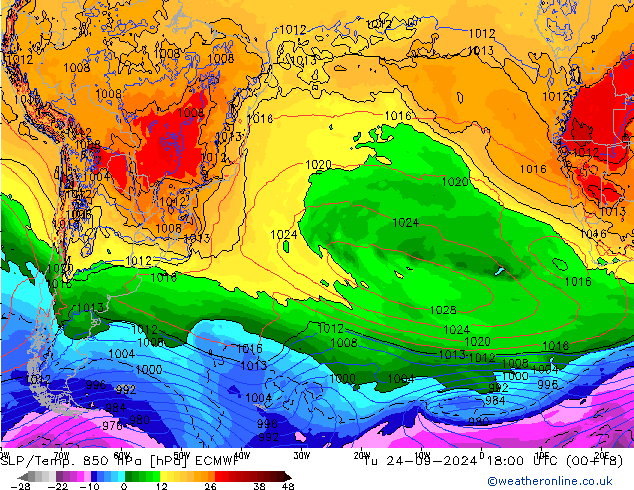 SLP/Temp. 850 hPa ECMWF Út 24.09.2024 18 UTC