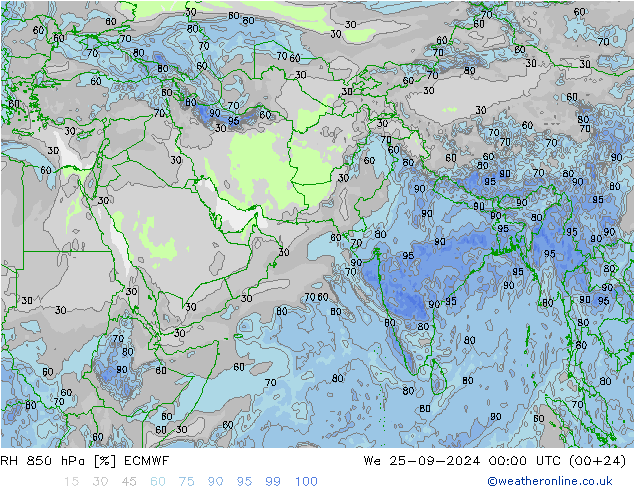 RH 850 hPa ECMWF śro. 25.09.2024 00 UTC