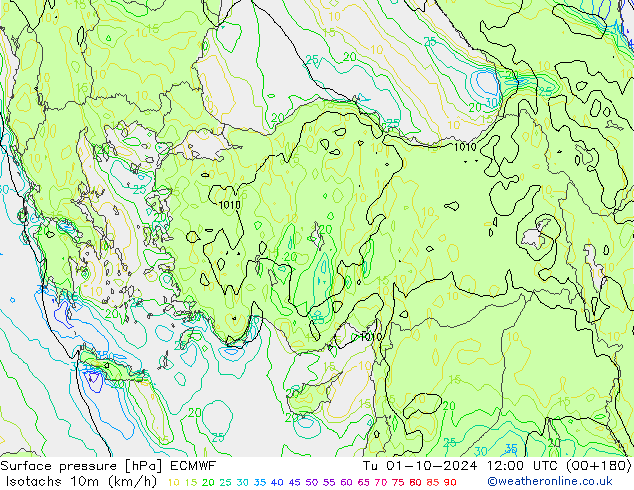 Isotachs (kph) ECMWF Tu 01.10.2024 12 UTC