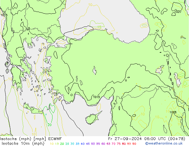 Isotachs (mph) ECMWF Fr 27.09.2024 06 UTC