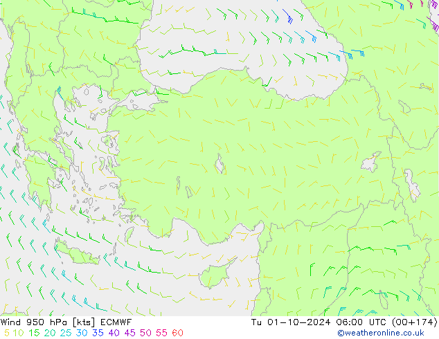 Wind 950 hPa ECMWF Tu 01.10.2024 06 UTC