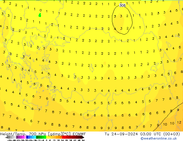 Height/Temp. 700 hPa ECMWF Út 24.09.2024 03 UTC