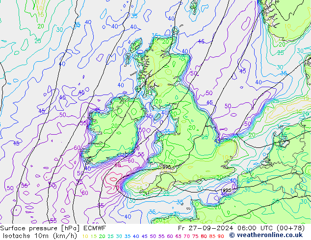 Isotachs (kph) ECMWF Fr 27.09.2024 06 UTC