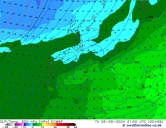 SLP/Temp. 850 hPa ECMWF jue 26.09.2024 21 UTC