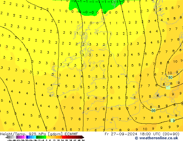 Height/Temp. 925 hPa ECMWF Fr 27.09.2024 18 UTC