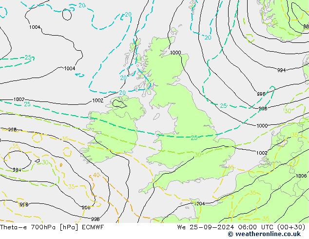 Theta-e 700hPa ECMWF śro. 25.09.2024 06 UTC