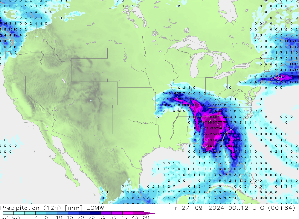 Precipitation (12h) ECMWF Pá 27.09.2024 12 UTC