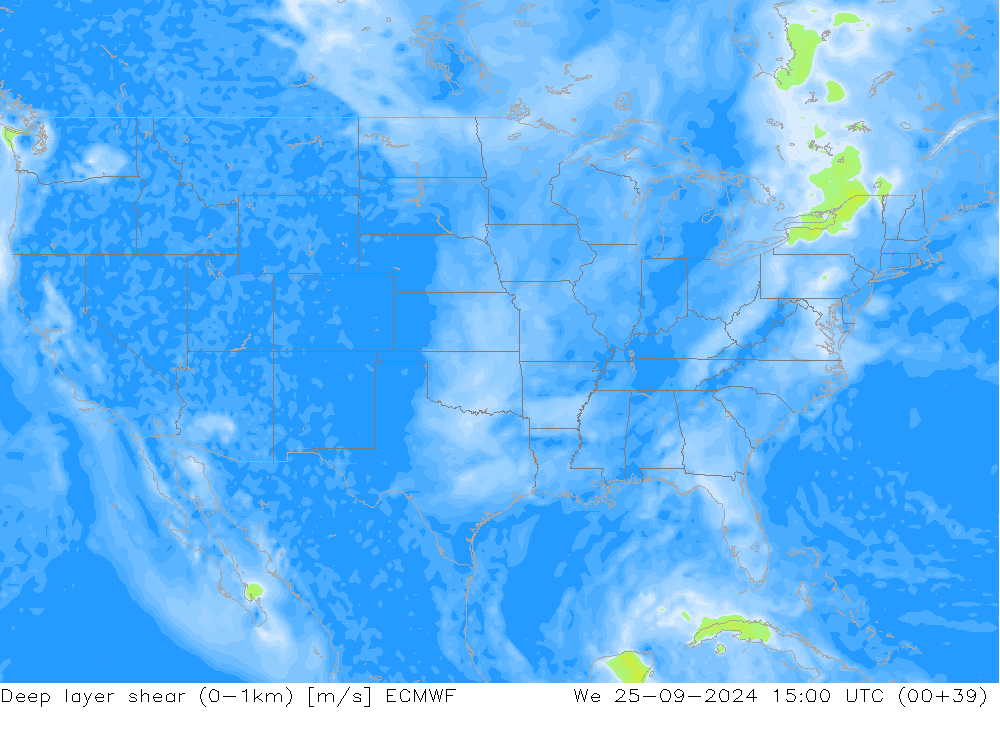 Deep layer shear (0-1km) ECMWF We 25.09.2024 15 UTC