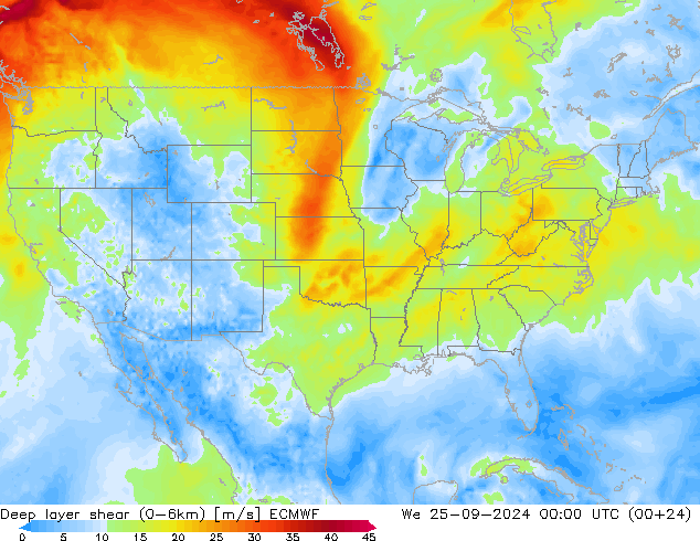 Deep layer shear (0-6km) ECMWF Qua 25.09.2024 00 UTC