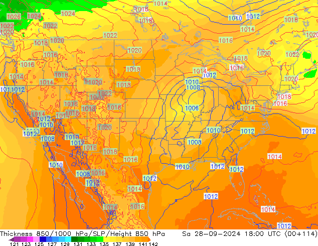 Thck 850-1000 гПа ECMWF сб 28.09.2024 18 UTC