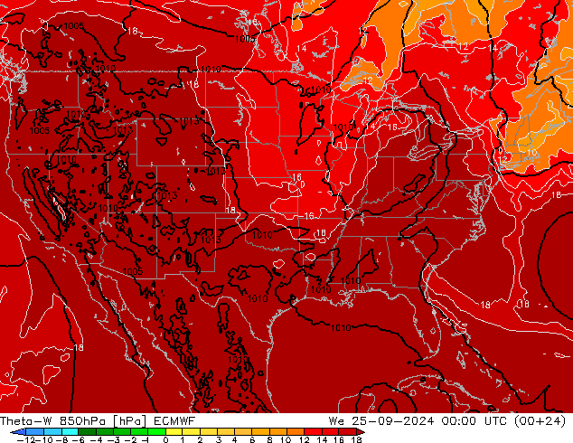 Theta-W 850гПа ECMWF ср 25.09.2024 00 UTC