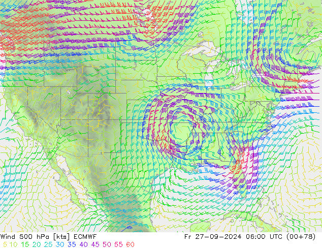 wiatr 500 hPa ECMWF pt. 27.09.2024 06 UTC