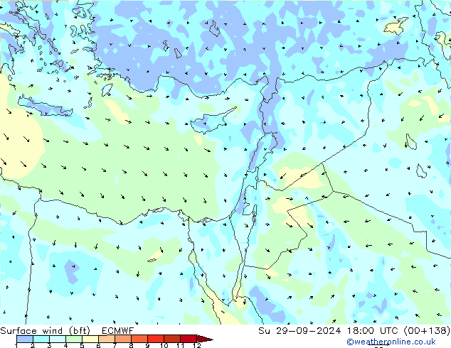 Rüzgar 10 m (bft) ECMWF Paz 29.09.2024 18 UTC