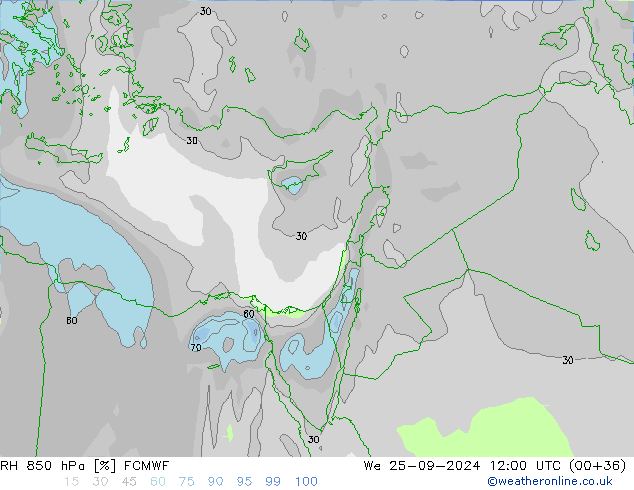 RH 850 hPa ECMWF śro. 25.09.2024 12 UTC