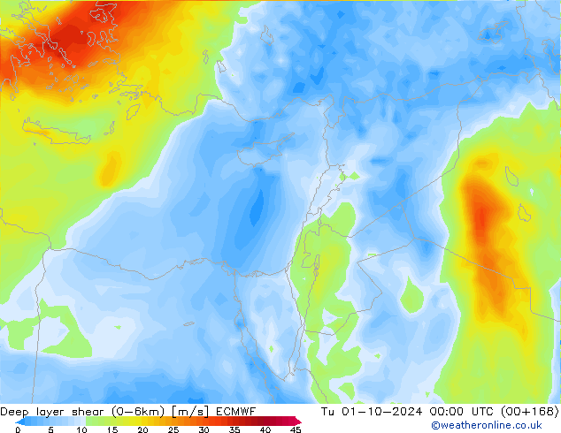 Deep layer shear (0-6km) ECMWF Tu 01.10.2024 00 UTC