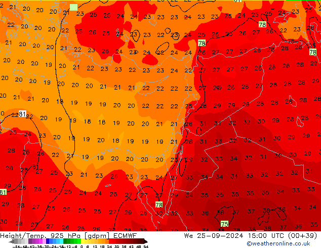 Height/Temp. 925 hPa ECMWF mer 25.09.2024 15 UTC