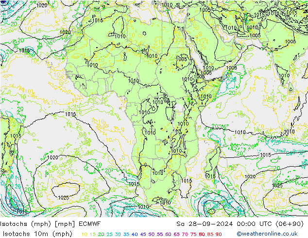 Isotachs (mph) ECMWF сб 28.09.2024 00 UTC