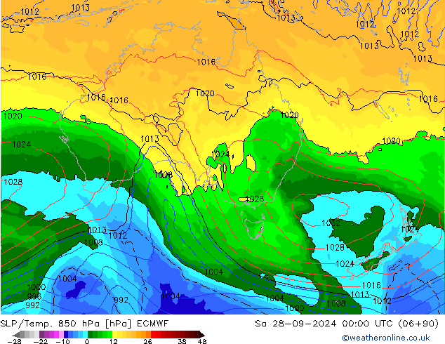 SLP/Temp. 850 hPa ECMWF so. 28.09.2024 00 UTC