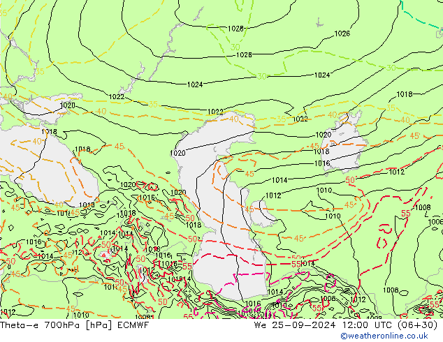 Theta-e 700hPa ECMWF mer 25.09.2024 12 UTC