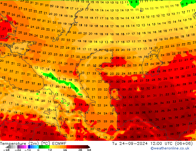 Temperature (2m) ECMWF Tu 24.09.2024 12 UTC