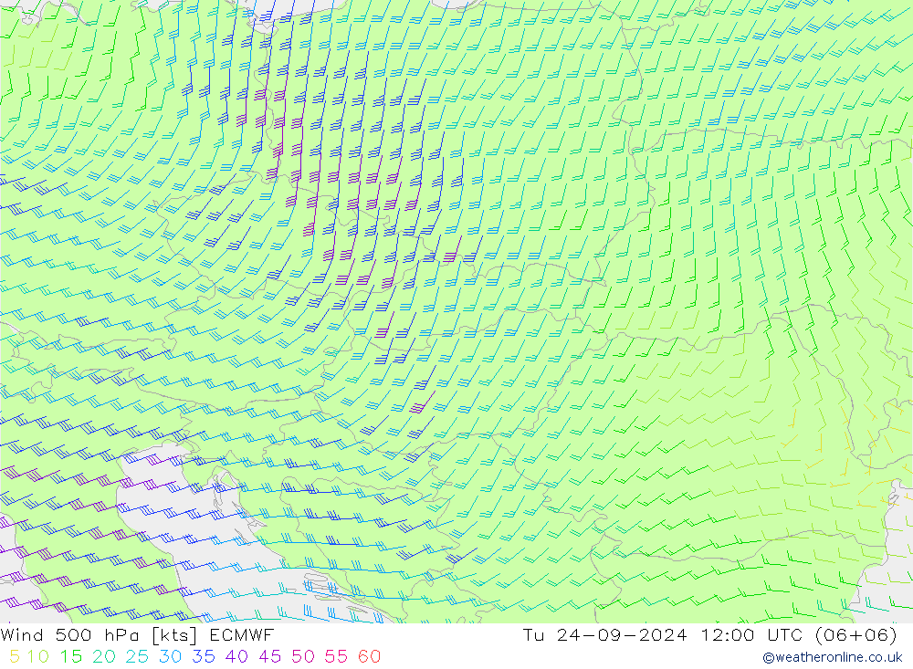 Wind 500 hPa ECMWF Tu 24.09.2024 12 UTC