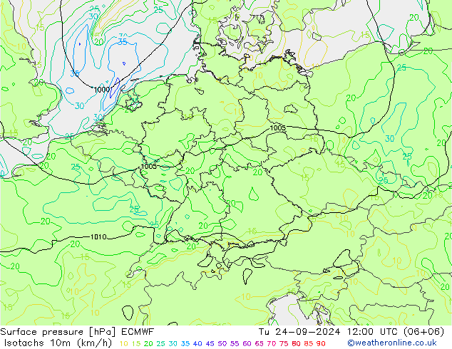 Isotachs (kph) ECMWF mar 24.09.2024 12 UTC