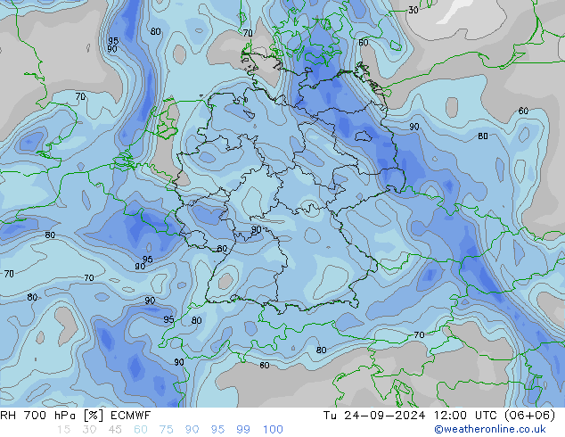 RH 700 hPa ECMWF wto. 24.09.2024 12 UTC