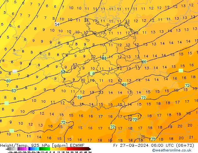 Height/Temp. 925 hPa ECMWF Fr 27.09.2024 06 UTC