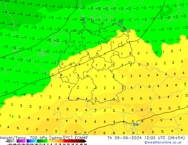 Height/Temp. 700 hPa ECMWF  26.09.2024 12 UTC