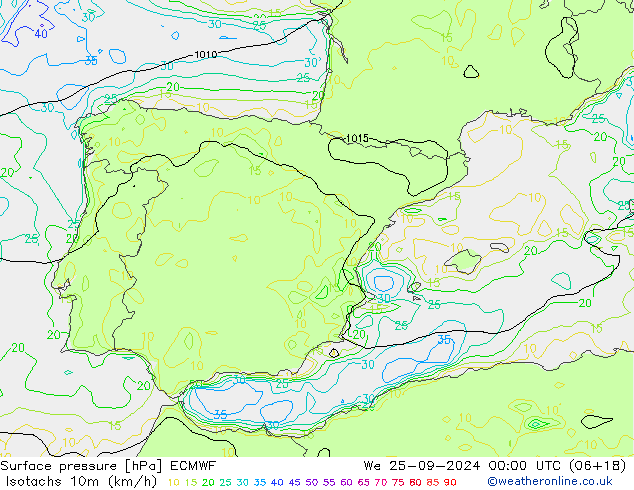 Isotachs (kph) ECMWF We 25.09.2024 00 UTC