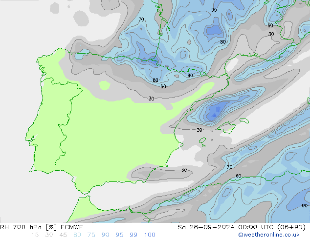 RH 700 гПа ECMWF сб 28.09.2024 00 UTC