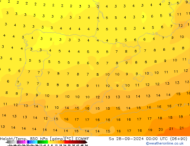 Géop./Temp. 850 hPa ECMWF sam 28.09.2024 00 UTC