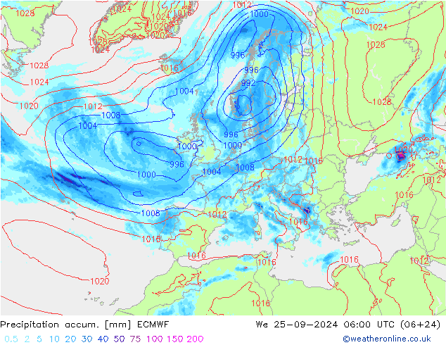 Totale neerslag ECMWF wo 25.09.2024 06 UTC