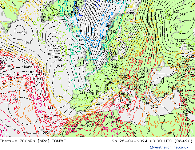 Theta-e 700hPa ECMWF so. 28.09.2024 00 UTC