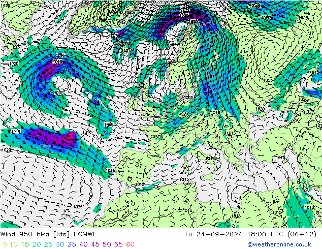 Wind 950 hPa ECMWF Tu 24.09.2024 18 UTC