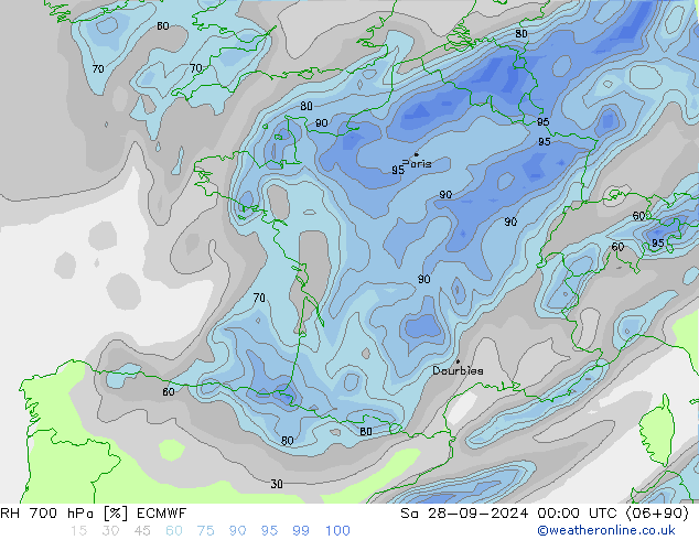 Humidité rel. 700 hPa ECMWF sam 28.09.2024 00 UTC