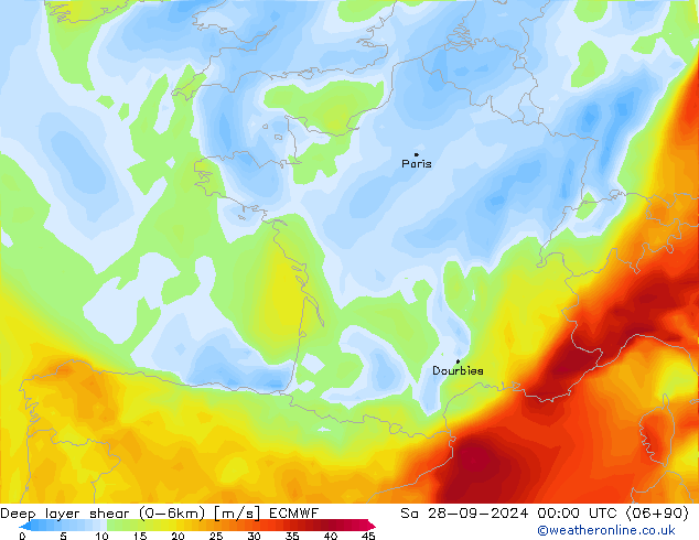 Deep layer shear (0-6km) ECMWF sab 28.09.2024 00 UTC