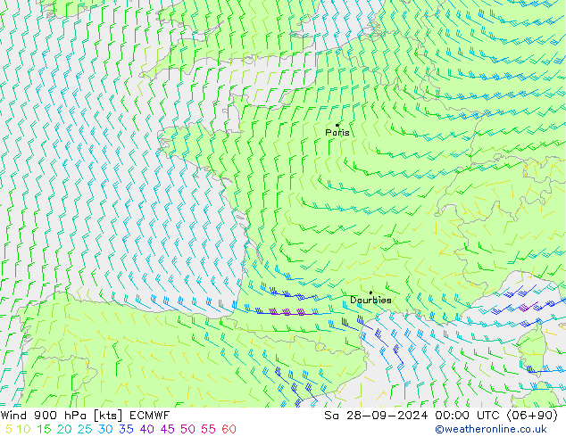 Vento 900 hPa ECMWF sab 28.09.2024 00 UTC