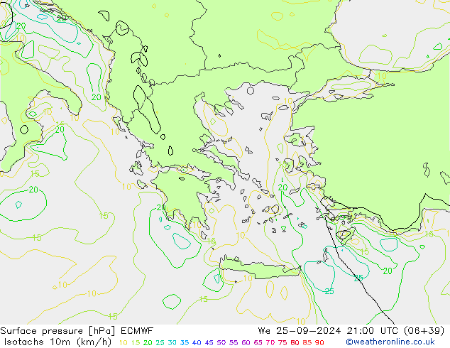 Isotachs (kph) ECMWF We 25.09.2024 21 UTC