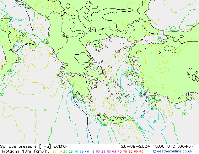 Isotachs (kph) ECMWF Th 26.09.2024 15 UTC