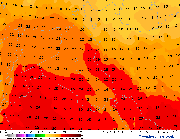 Hoogte/Temp. 850 hPa ECMWF za 28.09.2024 00 UTC